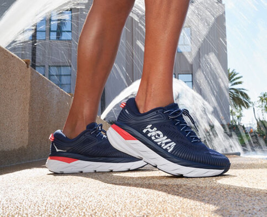 Hoka Australia One One Bondi 7 - Womens Running Shoes Navy/White - QPEBS-9430